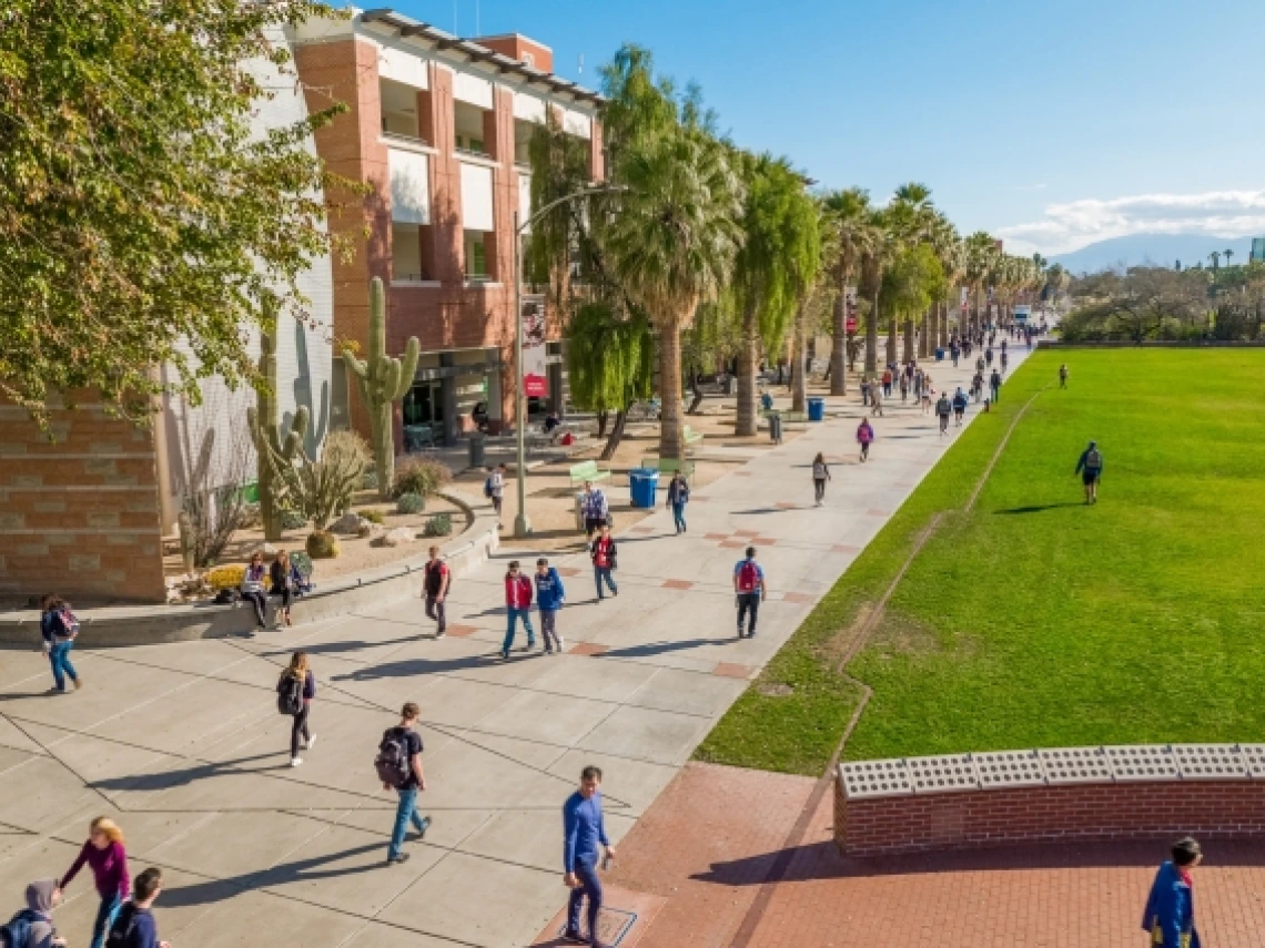 aerial view of people walking on campus