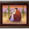a photo of a lithograph in a frame showing a Native American woman holding a swaddled baby in the desert surrounded by saguaros